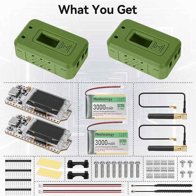 Meshnology 2 Set ESP32 LoRa V3 Module Board with 915 MHz Antenna + 3000mAh Battery + Case - WiFi Blue Tooth SX1262 CP2102 0.96” OLED Display Type C for Ar duino Meshtastic IoT (N35, Green)