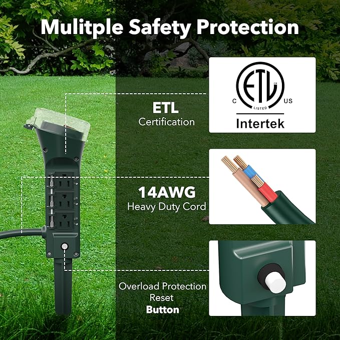 BN-LINK Outdoor 6ft Extension Cord Power Stake with 6 Outlets, Outside Power Strip with Overload Protection & Weatherproof Covers, Waterproof Yard Stake Outlets Use for Camping, Sprinkler, Party