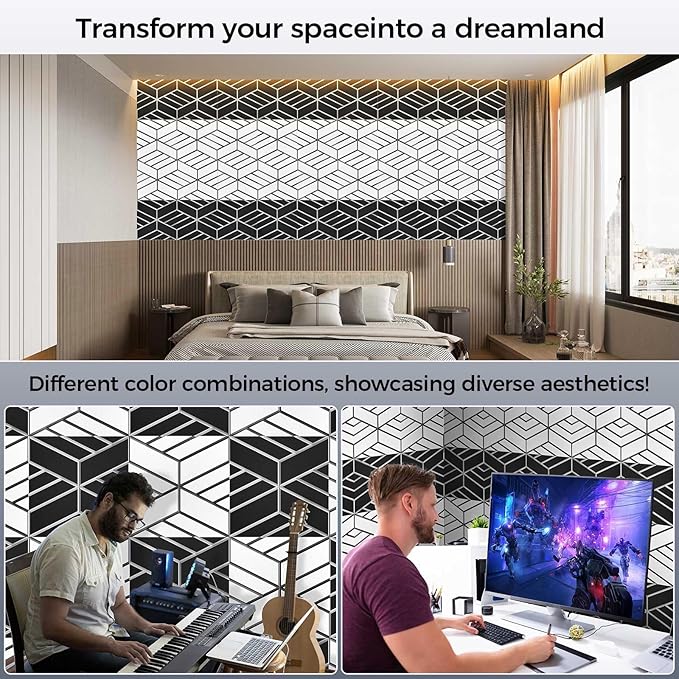 BSHEAD 8 Pack 2-Layer Soundproof Wall Panels, 15.7 x 15.7 x 0.43 in Large Sound Proof Foam Panels for Walls, 0.9lb/ft³ High Density, 3D Acoustic Panels,Artistic Noise Dampening Panels White&Black