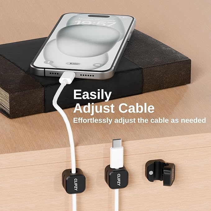 Clipzy 6 Pack Magnetic Cable Clips & Cord Holder, Under Desk Cable Management, Adhesive Wire Holder Keeper Organizer for Home Office Computer Desk Phone Car Wall Desktop Nightstand - Black