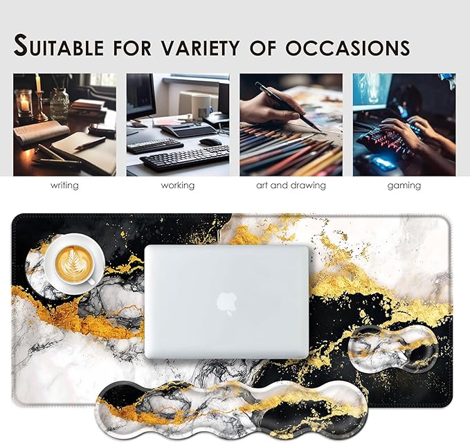 BFUKVOU Large Keyboard Mouse Pad Set, Extended Mouse Pad+Keyboard Wrist Rest Support, Memory Foam Ergonomic Easy Typing, 4Pcs (31.5×11.8 in) Desk Pad Set for Office Home,Black and White Gold Marble