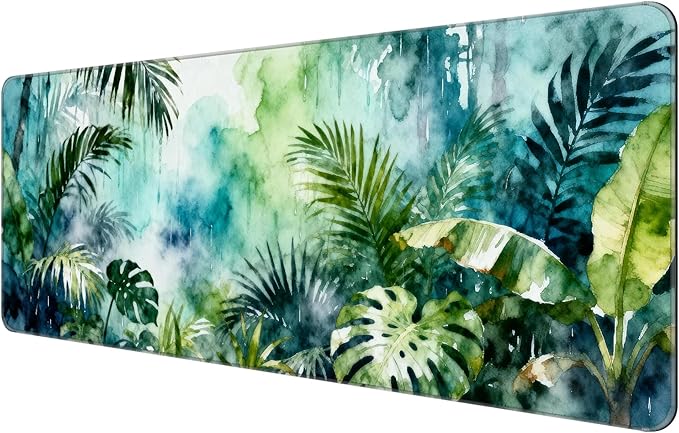 Dynippy Thin Extended Gaming Mouse Pad （31.5 * 11.8 * 0.08 inch） with Stitched Edges Large, Long XXL Keyboard and Mouse pad Desk Mat for Gaming Office & Home -Watercolor Jungle Rain
