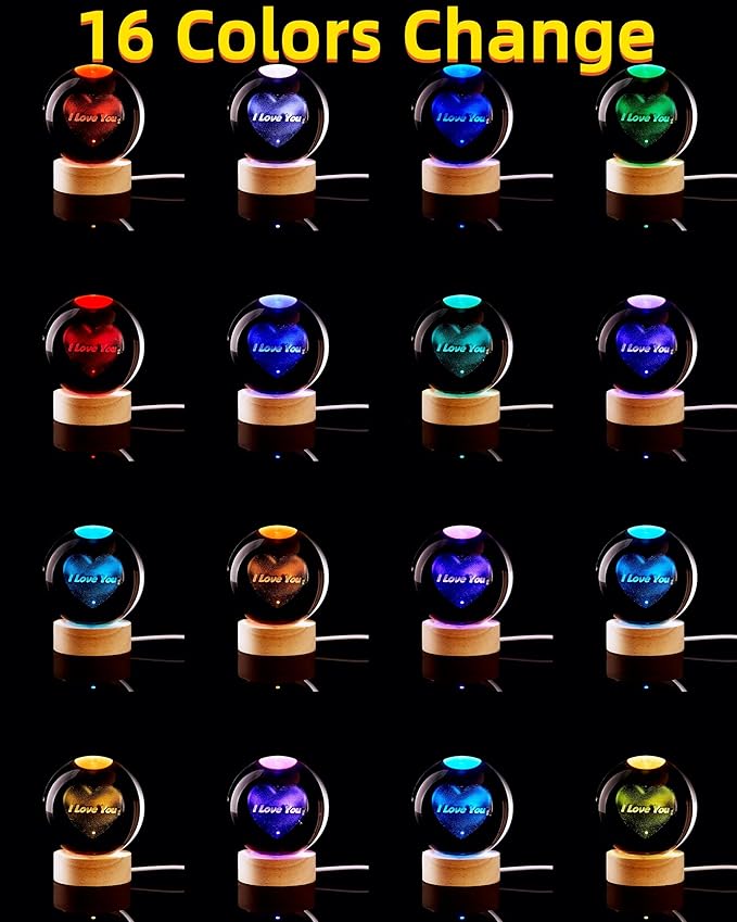 3D Crystal Ball Lamp,Lifelike LED Heart Night Light,16 Color Changing Light,Dimmable Remote Control, Romantic I Love You Lamp