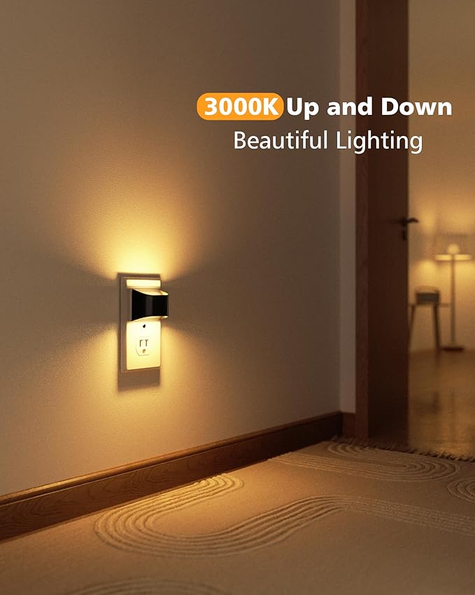 VOLISUN Night Lights Plug into Wall, 4 Pack Up and Down LED Night Light with Dusk to Dawn Light Sensor, 3000K Warm White Nightlight for Hallway, Bedroom, Bathroom, Kitchen Black