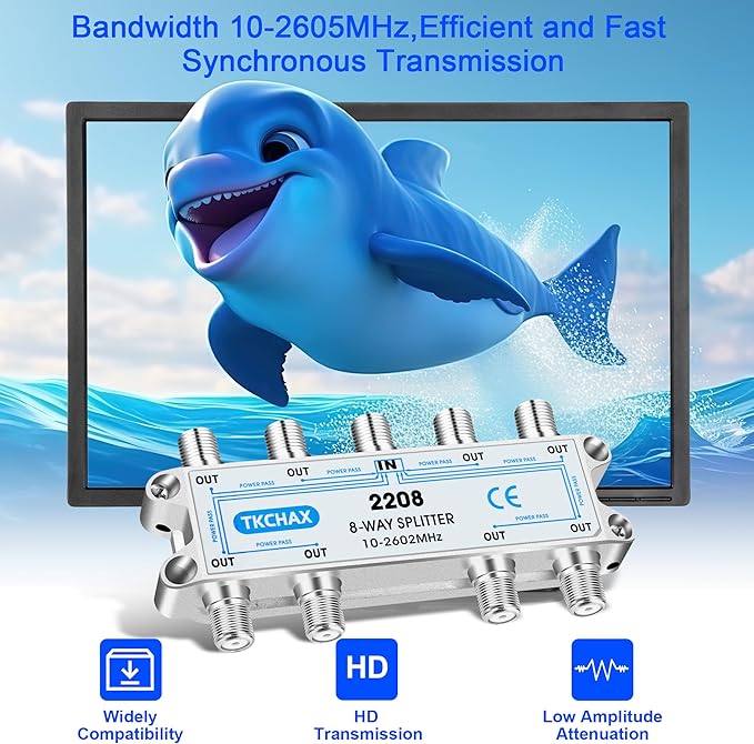 TKCHAX 8 Way Coaxial Cable Splitter,Support 10-2602MHz, RG6 Compatible, Nickel-Plated for Cable Splitter,Work with CATV, Satellite TV,Antenna System and MoCA Configurations