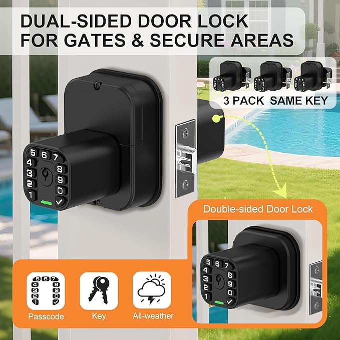Richelock IU52 Double-Sided Keypad Door Lock, All-Weather, Fully Waterproof Keyless Entry with Dual-Sided Programmable Codes, Same Key Both Sides for Outdoor, Indoor, Gate & Fence