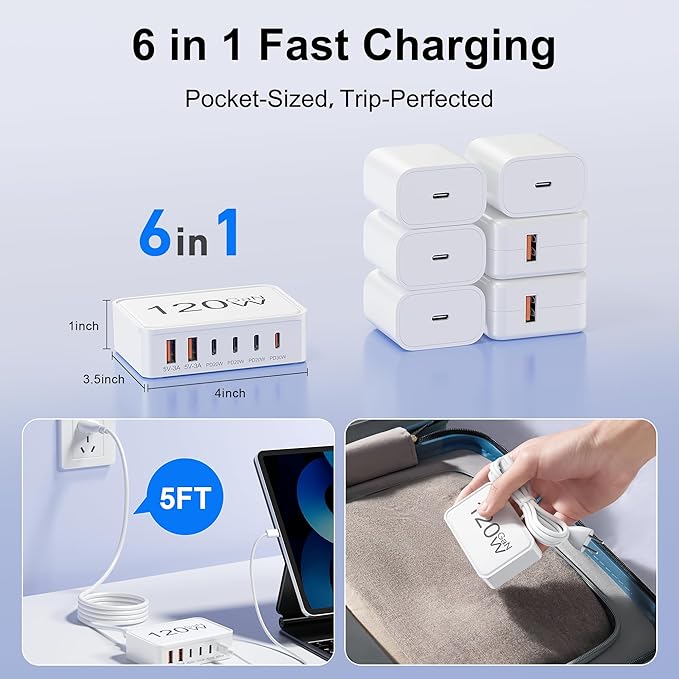 USB C Charger Block,120W GaN 6 Port Type C Fast Charging Station Hub,5FT Cord USB C Wall Charger Adapter Plug for iPad, iPhone 17, 16, 15, 14, 13, 12 Pro Max, Pixel, Galaxy and More