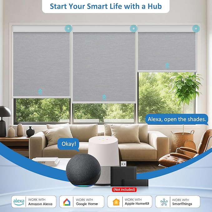 MANSNIX Smart Motorized Blinds with Remote, Cordless No-Drill Automatic Roller Shades, Blackout Electric Blind for Windows, Grey, 39.5 x 72