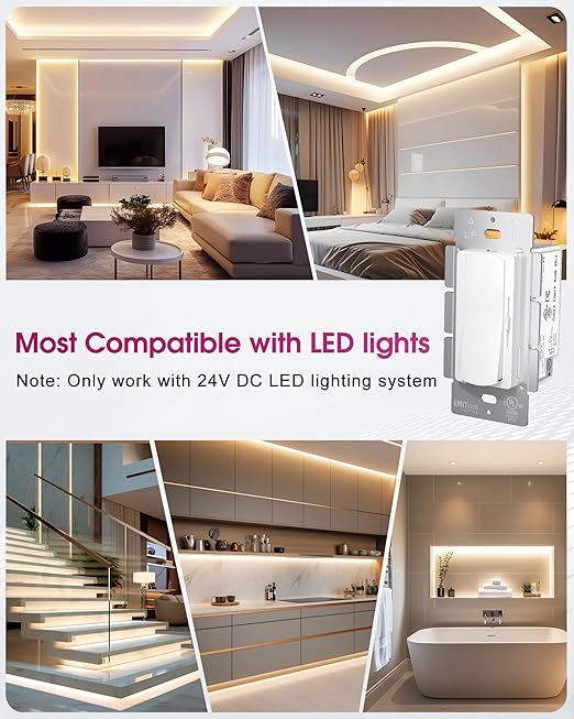 Dimmer Light Switch & 24V 60W Dimmable LED Driver 2 in 1, UL Listed Single-Pole or 3-Way Slide Dimmer Switches for Led Strip Lights,120VAC to 24VDC Power Supply for Low Voltage Project, Glossy White