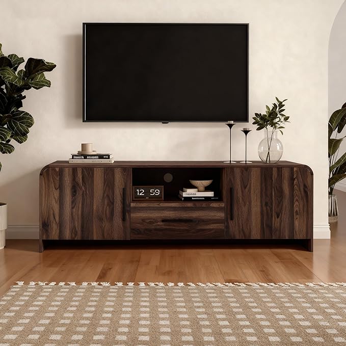 LuxenHome 70" Mid-Century Modern TV Stand for TVs up to 75", Walnut Finish TV Stand with Rounded Corners, Entertainment Center Console with 2 Doors & 1 Drawer for Living Room, Bedroom