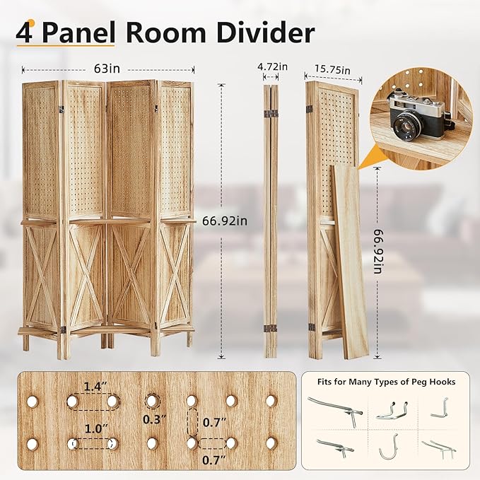 Aleesing 4 Panel Pegboard Display with 16 Hooks, Wooden Pegboard Room Divider Wall with Shelf, Partition Room Dividers and Folding Privacy Screens, Bedroom, Jewelry Store, Natural