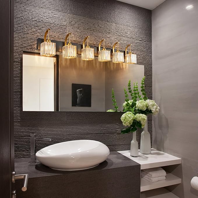 FDPBY Crystal Vanity Lights 6-Light Black Gold Bathroom Vanity Lights Modern Crystal Bathroom Light Fixtures Over Mirror 51.18" Long Vanity Light for Bathroom