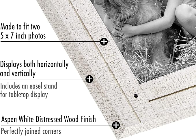 Americanflat Hinged 5x7 Double Picture Frame with 2 Photo Openings and Polished Glass - Distressed Wood Collage Picture Frames for Tabletop and Wall Display - Hampton Collection - Aspen White