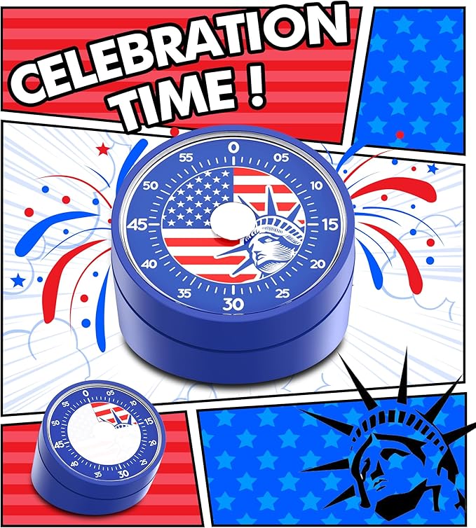 Rosenpatio Visual Timer for America Flag - Timers for Classroom Teachers 60 Minutes Countdown Home School Study Tool, Non-Ticking Rotating Timer for Exam Work Kitchen Office Gym, 1 Pack