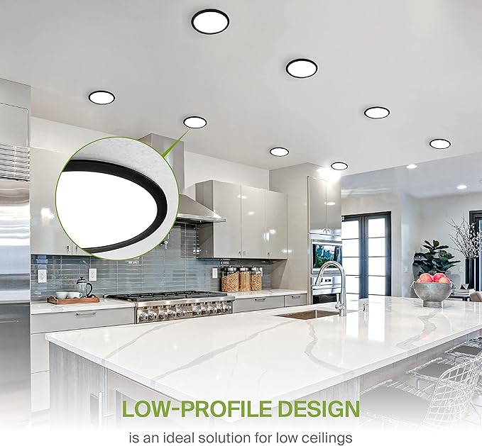 ASD 4 Pack 11/12 Inch LED Recessed Lighting 24W, 5 CCT 2700K-5000K CRI90+, IC Rated Ultra Thin Dimmable Ceiling Lights with J Box, Canless Wafer Downlight, Round Slim Panel Light, UL Listed, Black