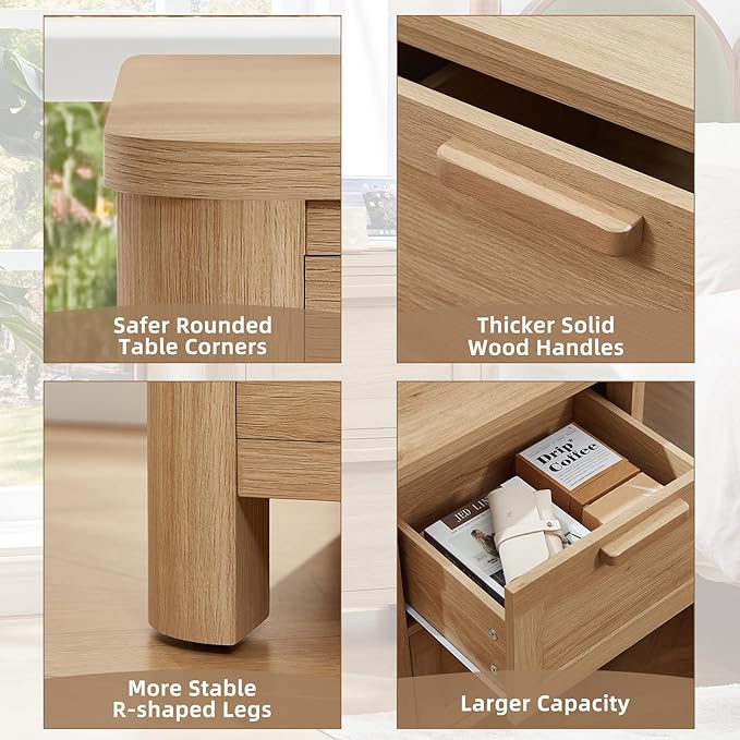Joaxswe Farmhouse Nightstand Set of 2 with Charging Station, End Tables Bedroom with 2 Large Drawers & 4 Thickened Table Legs, Natural Wood