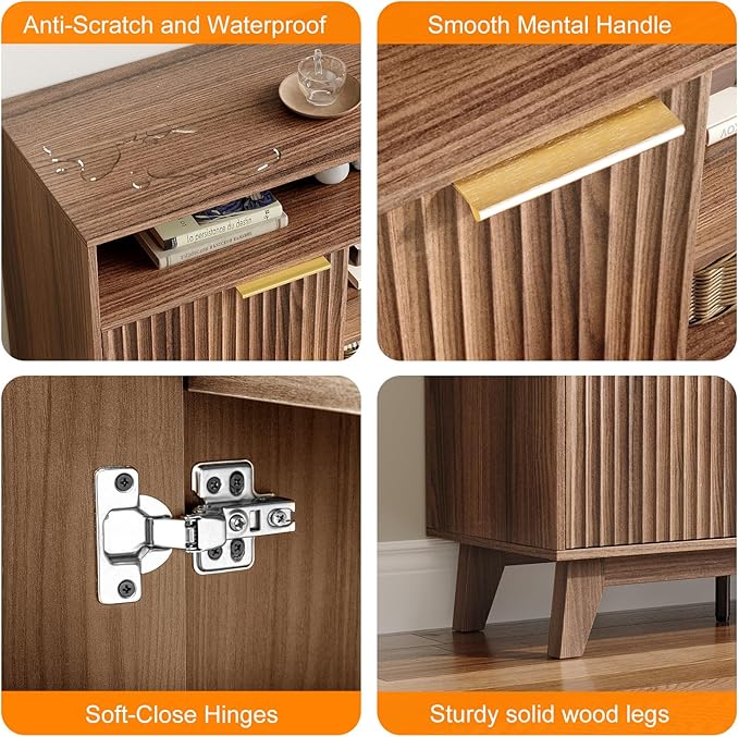 VINGLI Boho Fluted TV Stand for 70" TV, Solid Wood Entertainment Center with Storage and Shelves, Tall Media Console with Cable Management, TV Cabinet for Living Room and Bedroom, Walnut