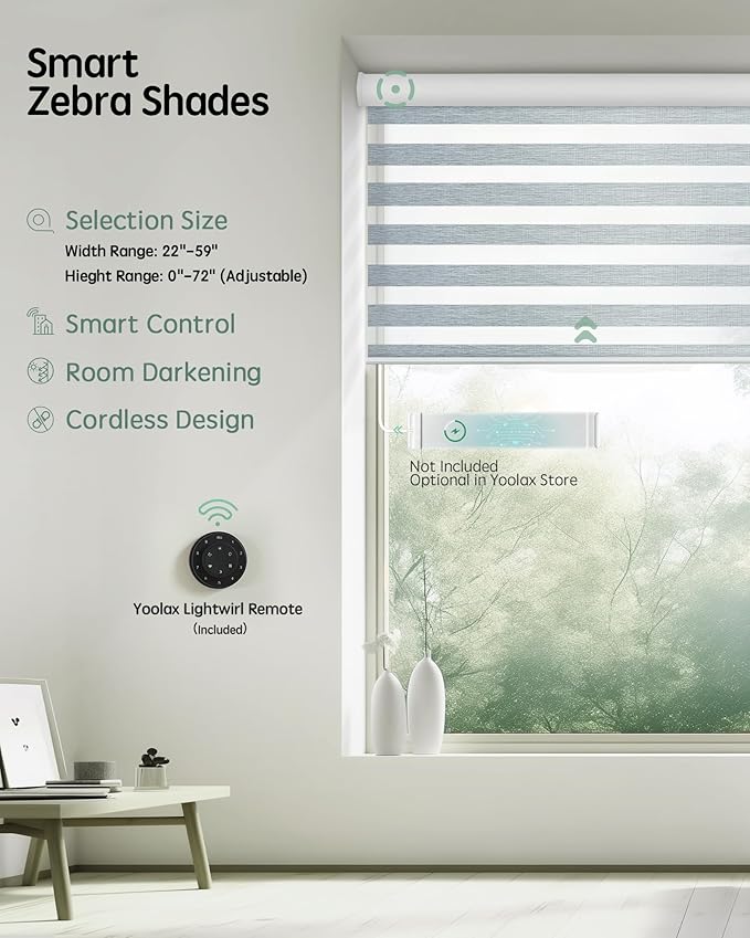 Yoolax Motorized Blinds with Remote, Electric Zebra Blinds for Indoor Windows, Room Darkening Smart Shades with Voice Control, Compatible with Alexa Google Home, APP Control, 34" W x 72" H, Grey