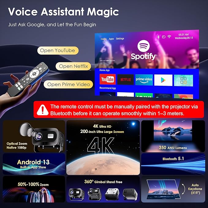 ZENTALITY Projector with WiFi and Bluetooth, Electric Focus & Vertical Keystone, 1080P HD 4K Support, Smart Projector with Built-in Streaming Apps, Portable Projector for Outdoor & Home Movie