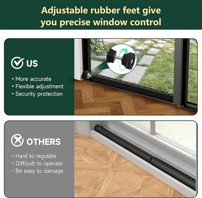 WooFog Adjustable Window Security Bars Vertical, Heavy Duty Sliding Patio Glass Door Lock Bar with Rubber Feet, 17-32 inch Window Safety Stopper for Up and Down Windows -Black 1 PCS Patented