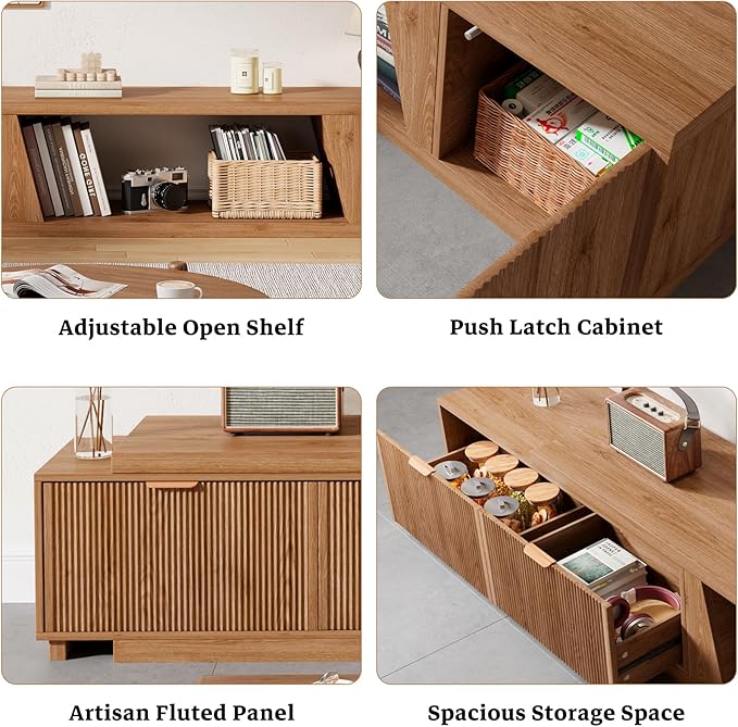 Epecoya Extendable TV Stand with Storage Cabinet Wooden, Mid Century Modern TV Stand with Adjustable Shelf and Drawers, Extra Long TV Stands for Living Room Fluted, Warm Brown Oak (64.57" W-98.43" W)