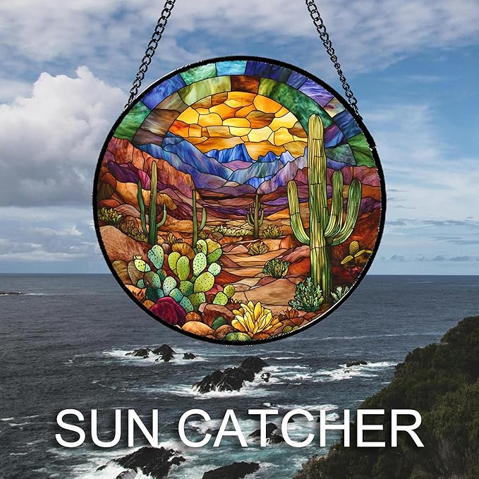 CRISGIF Stained Glass Window Hanging Cactus Mountains Landscape 7.8" - Suncatcher Door Garden Sunroom Sun Catcher Home Decor Birthday Christmas for Mom Men Woman Nana
