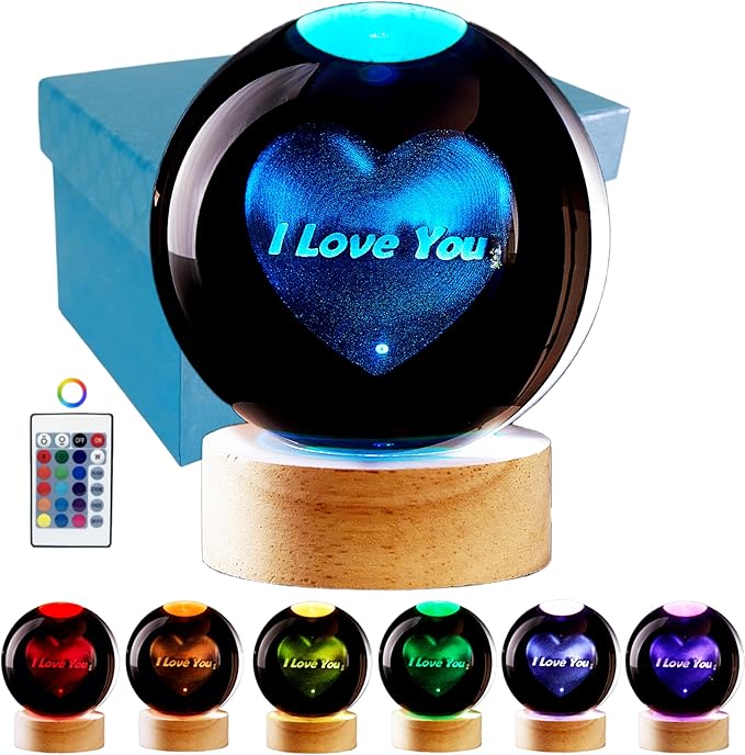 3D Crystal Ball Lamp,Lifelike LED Heart Night Light,16 Color Changing Light,Dimmable Remote Control, Romantic I Love You Lamp