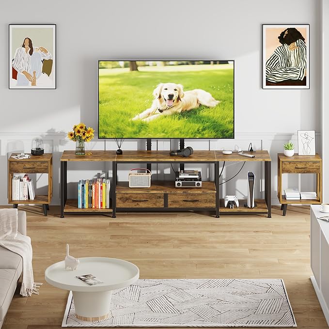 GYIIYUO LED TV Stand with Mount and Power Outlet & Fabric Drawers for 32-85 Inches TV - Entertainment Center and Corner Tv Stand for Living Room, Bedroom- 55" Rustic Brown (MAX VESA 600mm × 400mm)