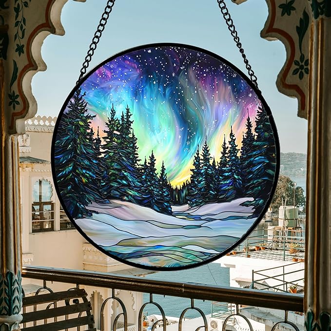 DASTOLL Stained Glass Window Hanging, Aurora Landscape Sun Catchers Glass Panel Green Trees Suncatcher Decor for Birthday for Women, Men, Wife, Aunt, and Mom 9.8 in