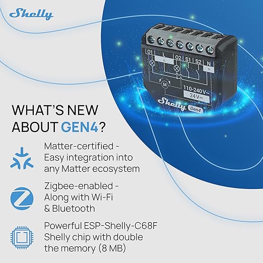 Shelly 2PM Gen4 | Wi-Fi, Zigbee & Matter 2-Channel Smart Relay Switch with Power Metering | Home Automation | Alexa, SmartThings, Google Home, HomeKit Compatible | Roller Shutters Control (2 Pack)