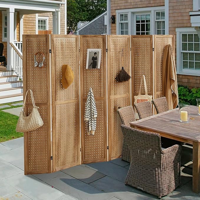 Asnefeli Pegboard Display Room Divider with 24 Hooks, 6 Panel 5.6Ft Wood Room Divider Folding Privacy Screen, Portable Freestanding Wall Organizer for Retail Craft Art Display Board, Natural