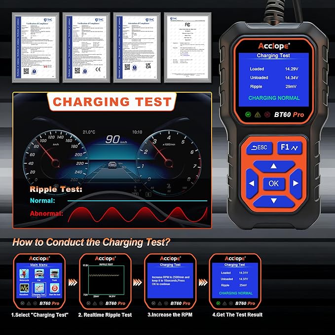 BT60 Pro Acclope Car Battery Tester with Cloud Printing 100-3000 CCA 6V 12V 24V AGM Lithium Gel Battery Checker Automotive Alternator Digital Analyzer Charging Cranking System Vehicles Truck Home-use