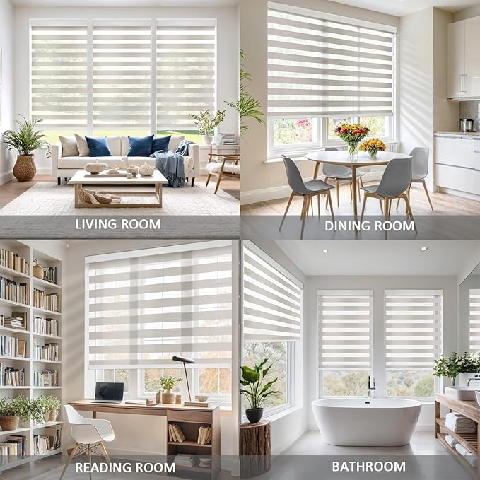 COOLWINDS Motorized Zebra Blinds for Windows Cordless Electric Curtains with Remote Control Blackout Shades Custom Smart Blinds Compatible with Alexa Google Home(Light Filtering Beige,W32 X 72in)