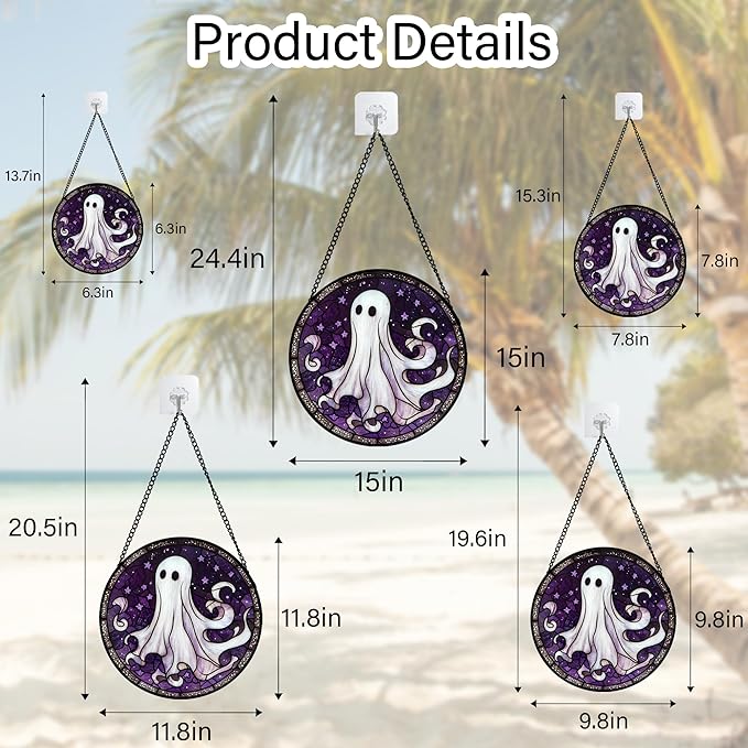 DASTOLL Stained Glass Window Hanging - Halloween Decorations White Ghost Purple Stars Suncatcher for Doors Garden Spooky Funny Sun Catchers Gothic Decor Horror Gifts for Women Men Friend 15 in
