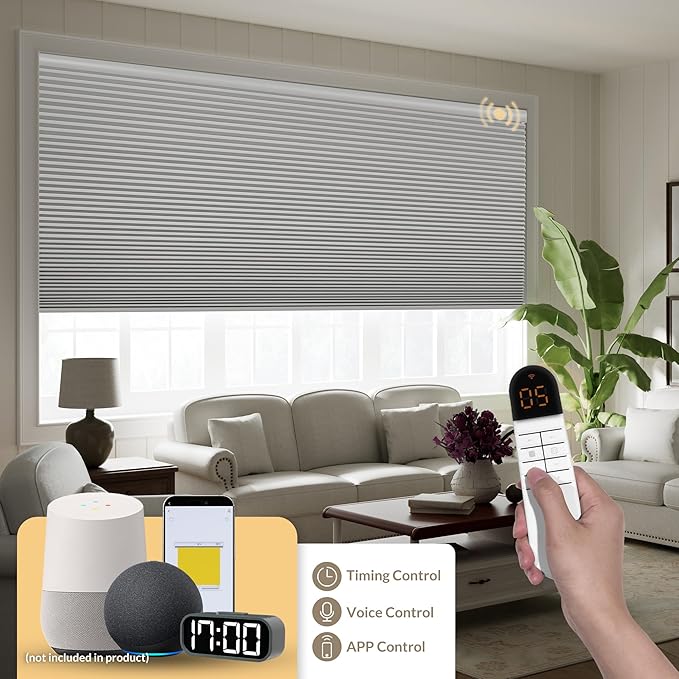 Boolegon No Drill Motorized Cellular Blinds with Remote Motorized Blackout Honeycomb Blinds for Indoor Windows Easy to Install Automatic Cellular Shades for Home,Blackout White,Custom Size