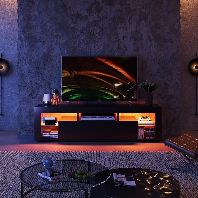 WLIVE 63 inch TV Stand for 50 55 60 65 70 75 Inch TVs, Modern Entertainment Center with LED Lights & 2 Large Storage Drawers, TV Console Gaming Media Television Stands for Living Room, Bedroom(Black)