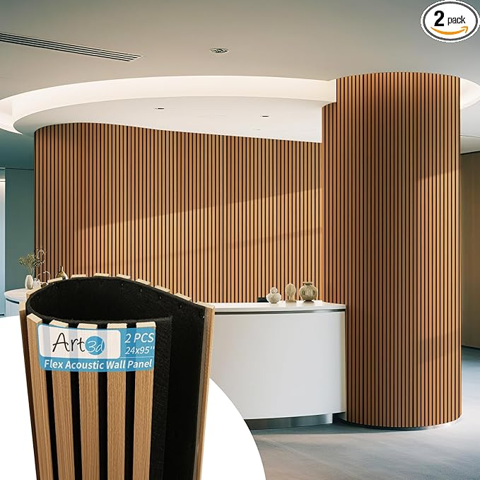 Art3d 2-Pack Acoustic Wood Slat Wall Panel with Roll-Flat Design - 95.3 x 23.8 Inch Sound Absorbing Panels for Living Room Columns Corridor Curved Wall Decor, Teak