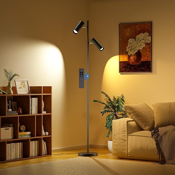SIBRILLE Spotlight Floor Lamp, Tall LED Standing Lamp with Remote/Touch Control, 2700K-6500K, 350°Rotating Head Standing Lamp, Reading Floor Lamp for Living Room, Bedroom, Office & Wall Art, Dual Head