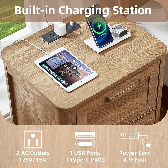 Joaxswe Farmhouse Nightstand Set of 2 with Charging Station, End Tables Bedroom with 2 Large Drawers & 4 Thickened Table Legs, Dark Wood