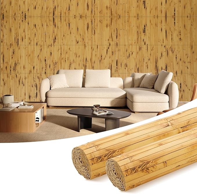 OUZUGIE 2 Pack 96x24 Inch Natural Bamboo Wall Panel – Yellow Burned Pole Wrap Paneling for Walls, Ceilings, Cabinets, Furniture – Ideal for Bedroom, Living Room & Office DIY Decor