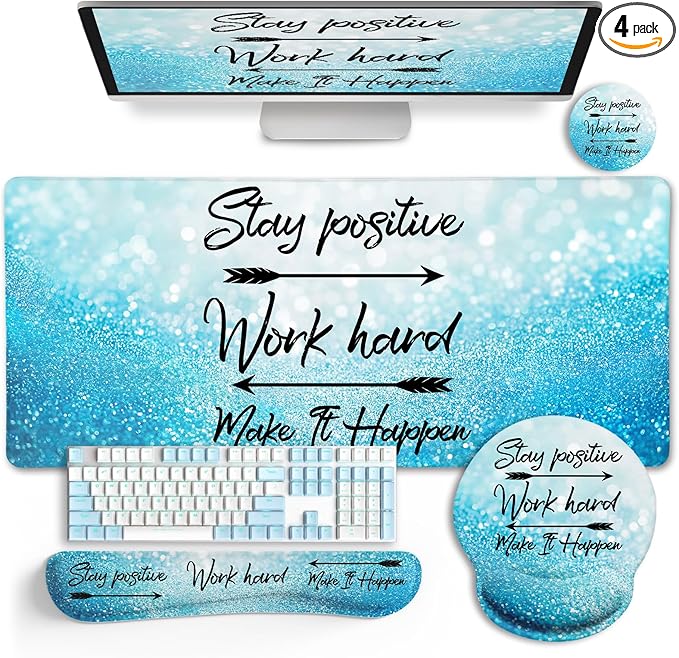 LIMKRIAN Desk Mat Pad, XXL Large Gaming Mouse Pad with Wrist Rest Wrist Support, Ergonomic Mouse Pad, Keyboard Wrist Rest, Coaster, Home Office Desk Accessories Decor Supplies, Stay Positive