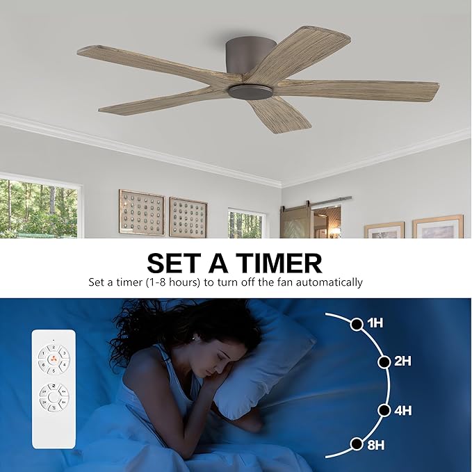 WINGBO 54" Flush Mount DC Ceiling Fans without Lights, 5 Carved Solid Wood Blades, 6-Speed Reversible DC Motor, Low Profile Hugger Ceiling Fan No Light for Living Room Bedroom Patio, Graphite and Gray