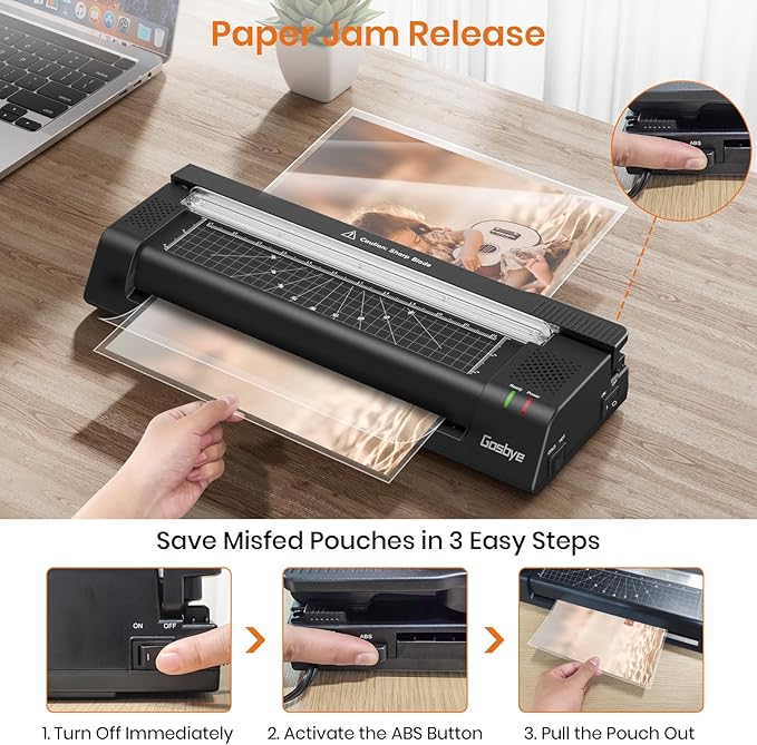 Gasbye Laminator Machine, 13-Inch Thermal Laminator with Steel Paper Cutter, 13 Laminating Pouches, Corner Rounder, Jam Release Button for Home, Office, School, Teachers, Personal Use, Black