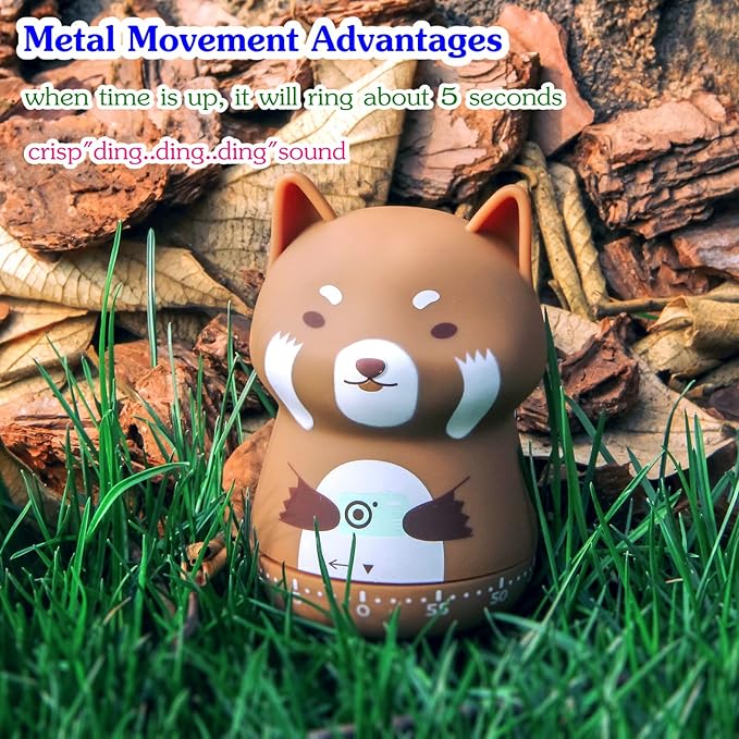 NUOSWEK Mechanical Kitchen Timer, Cute Animal Timer for Kids, Wind Up 60 Minutes Manual Countdown Timer for Classroom, Home, Study and Cooking (Brown Lesser Panda)