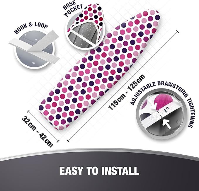 COTTY HOME Extra Thick Ironing Board Covers with Pad Standard Size 15x54, Snug Fit Adjustable Drawstring Tightening with Stopper, Heat Reflective Coating, Nose Pocket and Fastener Straps, Polka Dots
