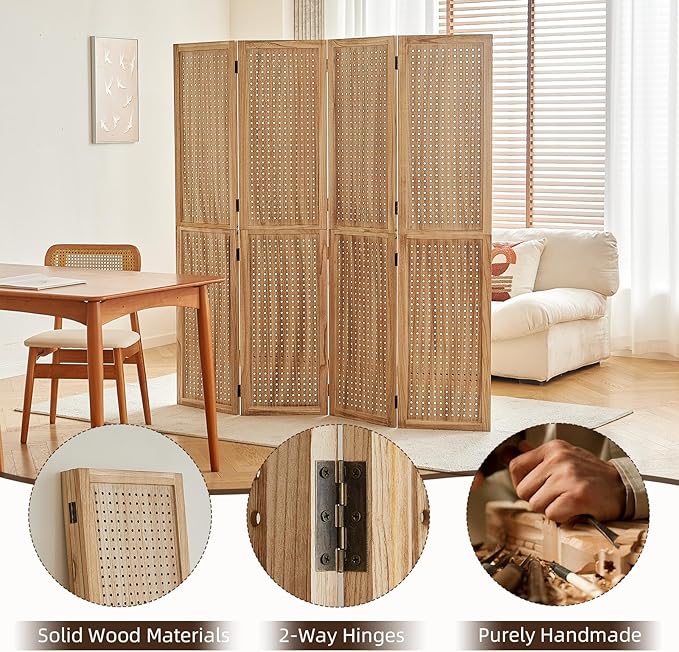 Leesinwing 4 Panel Wooden Room Dividers, 5.6FT High Plug-in Folding Screen Made of Natural Wood, Pegboard Display for Bedroom and Shopping Malls and Jewelry Stores, Light Brown