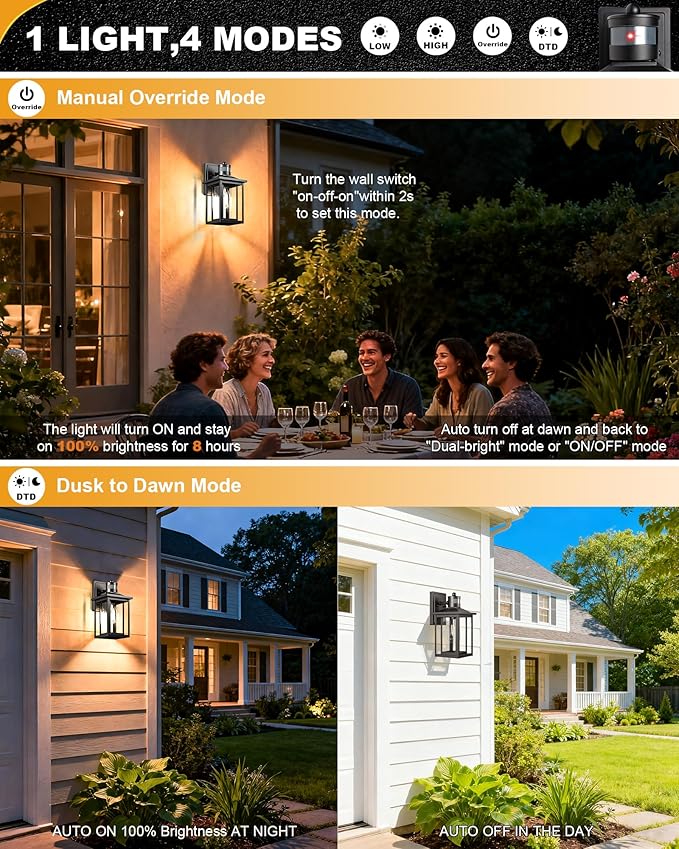 LTBLIGHT Motion Sensor Dusk to Dawn Outdoor Light, 4-Modes Adjustable Black Exterior Lighting Fixture, Waterproof Outside Wall Mount Lantern for Home, Entry, Backyard, Patio, 120V