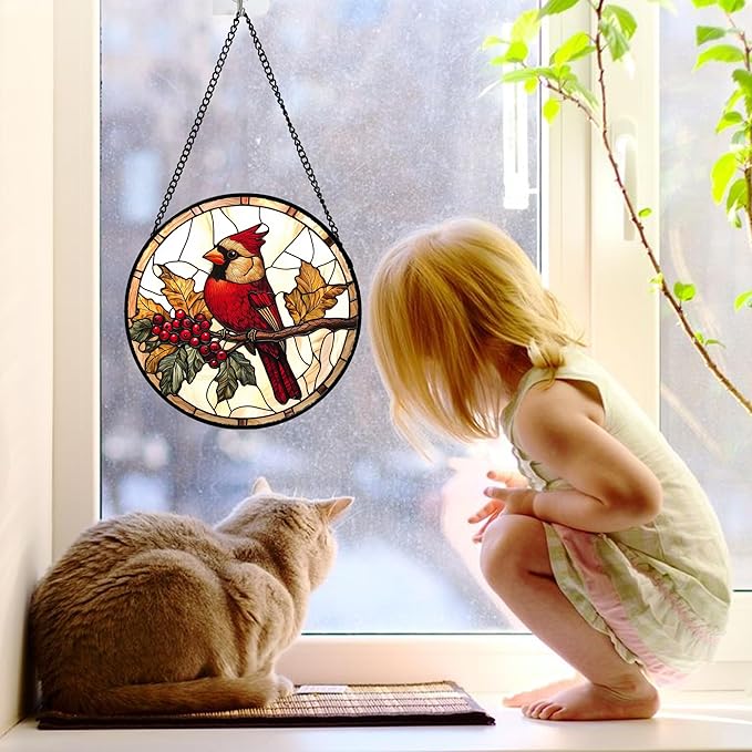 DASTOLL Stained Glass Window Hanging, Birds on a Branch Cardinal Sun Catchers Diamond Glass Panel Hangings Suncatcher Decor for Birthday for Women, Men, Wife, Aunt,and Mom 7.8X7.8IN