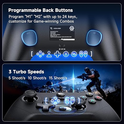 AceGamer Pluto 2.4G Wireless Bluetooth Controller for PC/Switch/Switch 2/iOS/Android/Steam,TMR Joysticks,Hall Effect Triggers,4-Motors Vibration,1000Hz Polling Rate,Force-balanced Lever Bumpers,Pragrammable Back Buttons