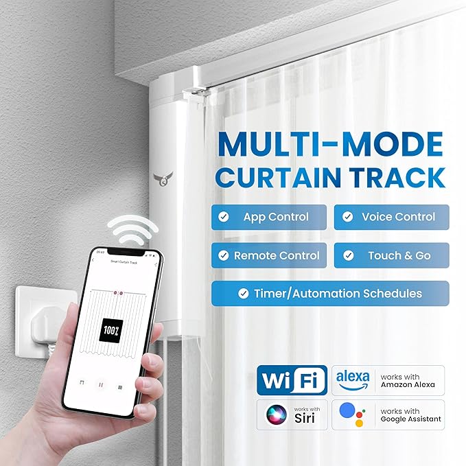 Osprey Smart Curtain Track, Single-Piece Motorized Rod, Adjustable Length, Quiet Heavy-Duty Motor, Remote & App Control, Compatible with Alexa & Google Assistant, Ceiling or Wall Mounted